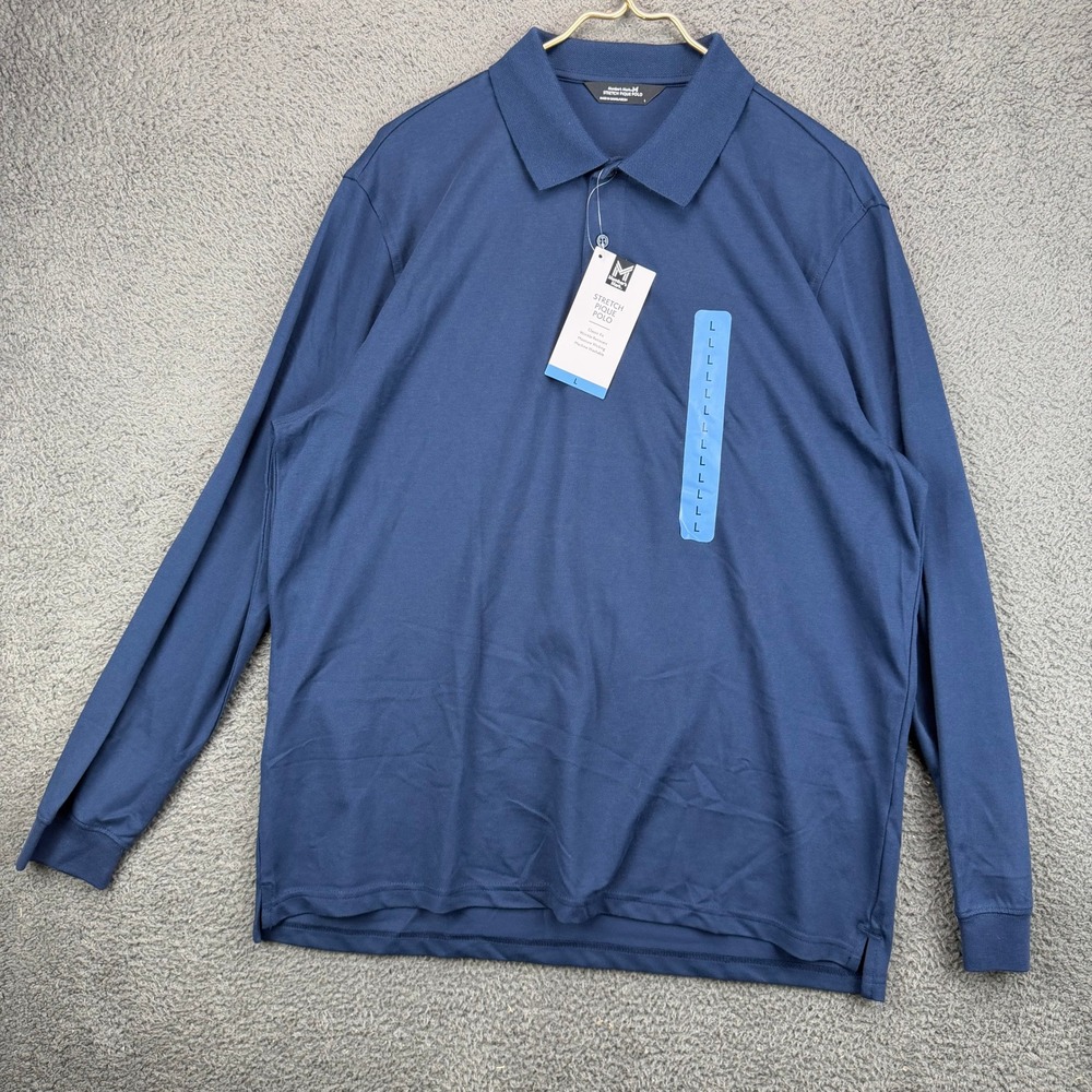 Members Mark Mens Navy Blue Stretch Pique Long Sleeve Polo Shirt Large‎ NWT